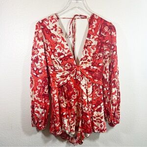 Free People Floral Romper Long Puff Sleeve Linen Blend Festival XS